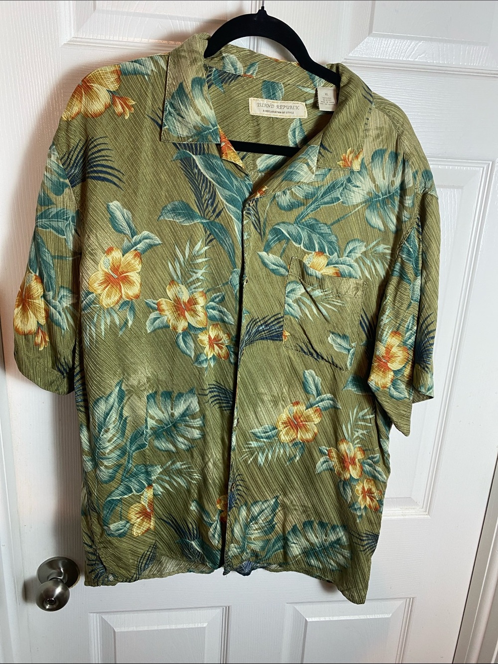 Island Republic Olive Green Floral Silk Short-Sleeve Button-Down Shirt